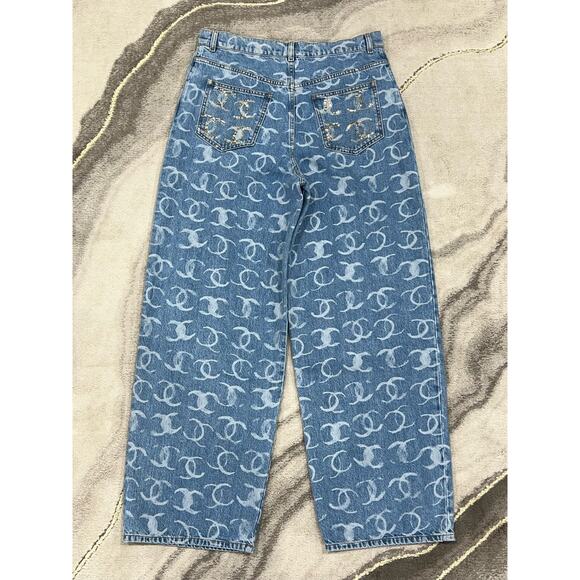 Chanel 23B Runway Light Blue Denim White CC Print Logo Baggy Oversized Jeans 34 - Picture 8 of 10